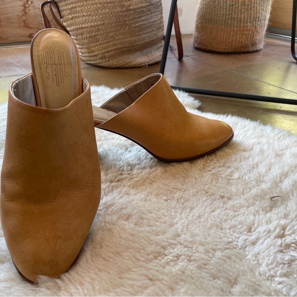 Charlotte Stone Luna Tan Leather Mules, size 10